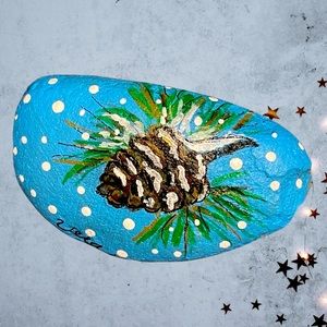 Hand crafted painted snowy pine cone rock dotted blue brown white winter decor